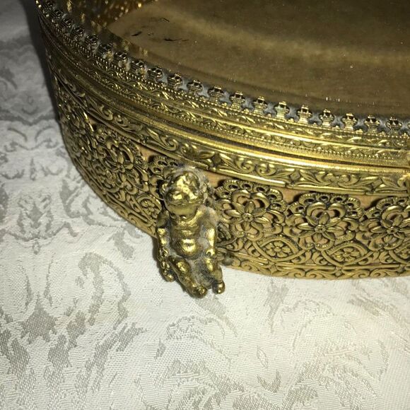 Incredible antique jewelry casket; beveled glass cherub corners gold filigree - Picture 4 of 7